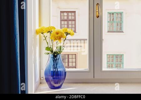 Il giallo dei fiori in un vaso blu Foto Stock