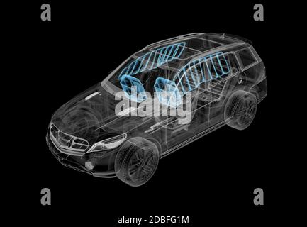 Illustrazione tecnica 3d di un'auto SUV con effetto raggi X e sistema airbag. Vista prospettica su sfondo nero. Foto Stock