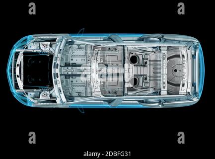 Illustrazione tecnica 3d di un'auto SUV con effetto raggi X e sistema di telaio. Vista dall'alto su sfondo nero. Foto Stock