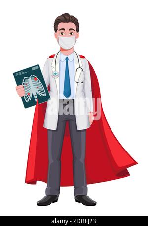 Stock vettore allegro medico personaggio cartoon. Bel dottore supereroe maschile in piedi tenendo in mano l'immagine radiografica. Illustrazione vettoriale Illustrazione Vettoriale