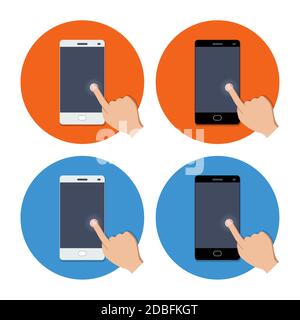 Concetto di applicazioni mobili. Mano con smartphone illustrazione piatta per il Web e i dispositivi mobili. Set di icone piatte. EPS 10 Illustrazione Vettoriale