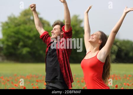 Coppia eccitata che alza le braccia in piedi su un campo di papavero verde in primavera Foto Stock