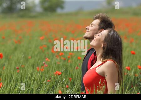 Coppia felice respirando aria fresca che si trova tra l'erba su un campo di papavero verde Foto Stock