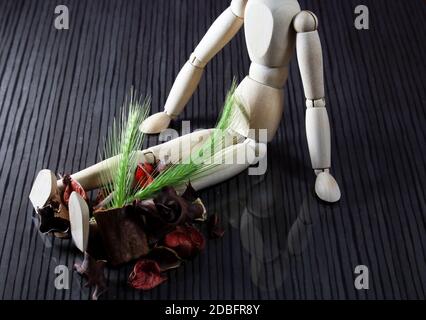 Bambola di legno con gambi di cereali freschi sulle gambe, molti frutti di primavera secchi si trovano accanto ad essa Foto Stock