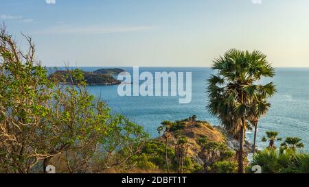 Thailandia spiaggia tempo di tramonto, palme verdi Foto Stock