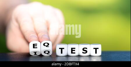 I dadi formano le espressioni 'iq test' e 'eq test'. Foto Stock