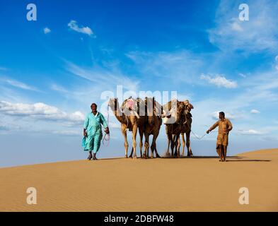 Rajasthan viaggio sfondo - due cammelli indiani (camel driver) con cammelli in dune del deserto di Thar. Jaisalmer, Rajasthan, India Foto Stock