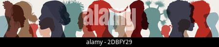 Diversità persone multietniche. Gruppo profilo lato uomini e donne di diversa cultura e paesi diversi. Coesistenza armonia e multiculturale Illustrazione Vettoriale
