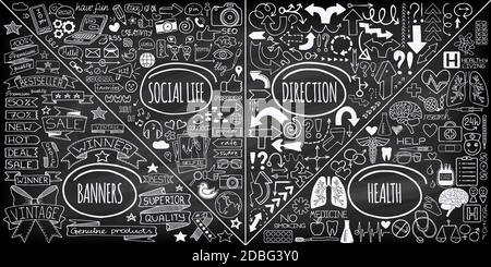 MEGA serie di doodles. Super raccolta di banner, frecce, ritorno a scuola, amore romantico, affari e finanza, vacanze, social media, sanità e. Illustrazione Vettoriale