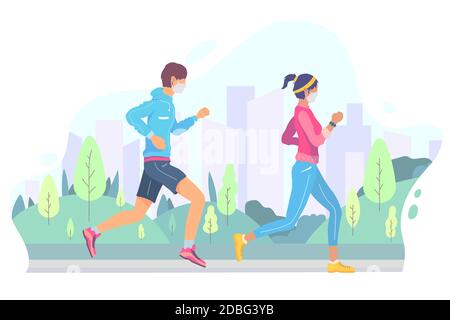 Guide con maschere mediche all'aperto illustrazione vettoriale Illustrazione Vettoriale