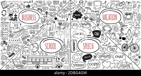 MEGA serie di doodles. Super raccolta di banner, frecce, ritorno a scuola, amore romantico, affari e finanza, vacanze, social media, sanità e. Illustrazione Vettoriale