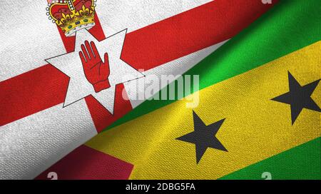 Irlanda del Nord e Sao Tomé e Principe due bandiere tessili panno Foto Stock
