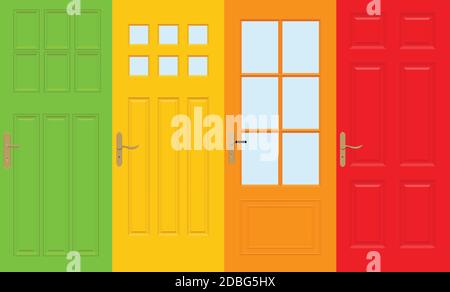 Colorate porte anteriori per case ed edifici in stile piano isolato, illustrazione vettoriale. Illustrazione Vettoriale