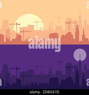 Concetto di paesaggio urbano giorno e notte. Mattina, giorno e notte skyline della città paesaggio, edifici in città in tempi diversi e città città cielo. Archite Illustrazione Vettoriale