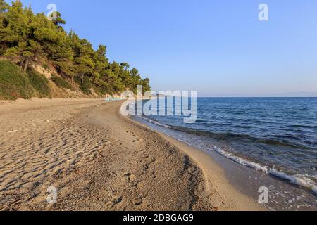 Sunrise in Kriopigi beach. Kassandra di Halkidiki penisola, Grecia Foto Stock