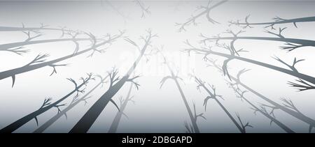 Sfondo vettoriale di foresta scura all'alba. Illustrazione vettoriale crepuscolo forestale. Alberi e rami motivo orizzontale senza giunture. Immagine di Foresty Trunks Illustrazione Vettoriale