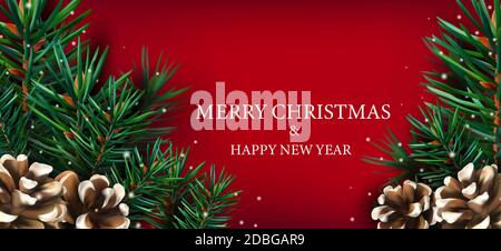 Buon Natale e Felice Anno Nuovo. Confine natalizio realistico con rami di pino, cono di pino, fiocchi di neve e scintille. Illustrazione di Natale per il vostro poster, banner, schede. Illustrazione vettoriale. Illustrazione Vettoriale