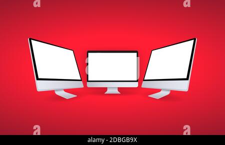 Monitor per computer realistico in vista frontale e laterale. Desktop mockup in metallo con schermo bianco. Modello di computer in colore argento. Vettore su isolato Illustrazione Vettoriale