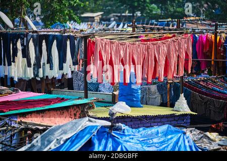 Vista di Dhobi Ghat (Mahalaxmi Dhobi Ghat) è la più grande lavanderia all'aperto del mondo (lavoir) a Mumbai, India con lavanderia che asciuga su corde. Ora uno di segno Foto Stock