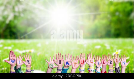 Bambini mani costruire parole colorate Wir Gratulieren significa Complimenti. Prato verde erba come sfondo Foto Stock