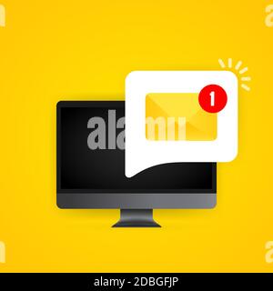 Immagine della schermata dei nuovi messaggi in arrivo con il computer di notifica. Busta con messaggio in arrivo. Vettore su sfondo isolato. EPS 10 Illustrazione Vettoriale