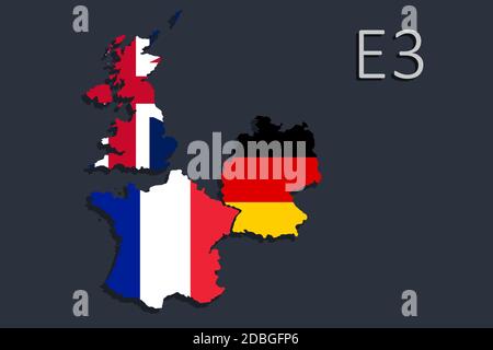 Formato E3, strategia politica dei tre maggiori paesi europei nel campo della politica estera. Rappresentanza dei paesi nazionali Foto Stock