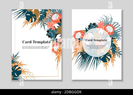 Set di 2 modelli di carta boho greting, colori pastello tenui, sfondo bianco. Cornice geometrica dorata. Illustrazione Vettoriale