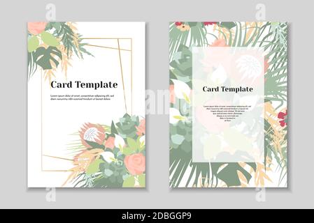 Set di 2 modelli di carta boho greting, colori pastello tenui, sfondo bianco. Cornice geometrica dorata. Illustrazione Vettoriale