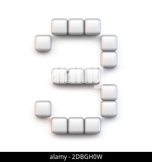 Cubo bianco, font pixel numero TRE 3 rappresentazione 3D isolata su sfondo bianco Foto Stock