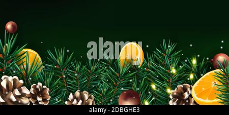 Decorazione di Natale con di rami di pino, cono di pino, arancio, scintille, ghirlanda, e giocattoli di Natale. Illustrazione con elemento di Natale per il vostro poster, banner, schede. Illustrazione vettoriale. Illustrazione Vettoriale