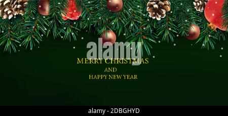 Decorazioni natalizie realistiche con rami di pino, cono di pino, melograno, scintille e giocattoli di Natale su sfondo verde. Illustrazione del poster, banner, schede. Illustrazione vettoriale Illustrazione Vettoriale