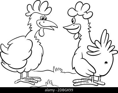 Cartoni animati in bianco e nero di due uccelli fattoria galline caratteri che parlano colorare pagina del libro Illustrazione Vettoriale