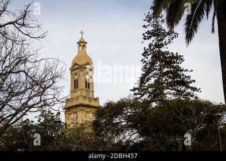 La torre della cattedrale di la Serena si alza dietro gli alberi in Plaza de Armas, Cile. Concetto di religione cattolica Foto Stock