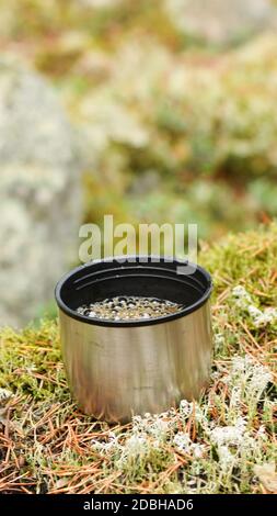 Caffè nero caldo in una tazza di acciaio inossidabile sul muschio nella foresta. Qualcosa di caldo da bere nei boschi. Foto scattata in Svezia. Foto Stock