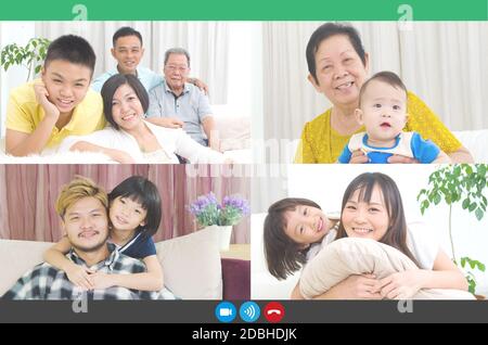 Headshot visualizzazione dell'applicazione su schermo verticale di persone familiari felici e diverse Parla con una videochiamata online utilizzando la chat a distanza Webcam.Multi generazionale carestia Foto Stock