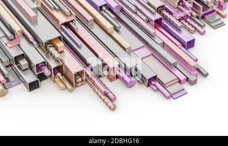 profili metallici di diversi tipi e profilati. diversi colori di acciaio anodizzato e alluminio. rendering 3d. nessuno intorno. Foto Stock