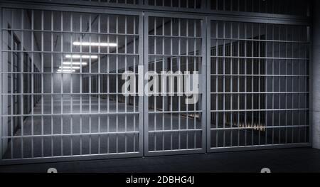 dettaglio in un corridoio di una prigione con sbarre e porta d'ingresso. celle ai lati. concetto di sicurezza, isolamento, solitudine, detenzione, punizione. 3d r Foto Stock