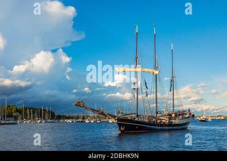 Windjammer sul fiume Warnow durante la vela Hanse a Rostock, Germania. Foto Stock