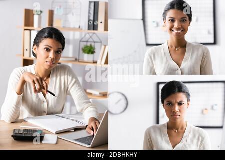 Collage di una donna d'affari afro-americana che guarda la macchina fotografica, usando il laptop mentre si siede alla scrivania in ufficio su sfondo sfocato Foto Stock