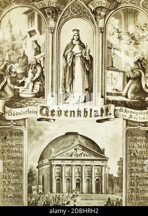 'La foto mostra il ''Gedenkblatt zur Saecularfeier der St. Hedwigskirche zu Berlin'' con un dipinto della patrona Hedwig. La Cattedrale di Sant'Hedwig a Bebelplatz, a Berlino-Mitte, è stata consacrata nel 1773 e la parrocchia ha festeggiato il suo centesimo anniversario nel 1873." Foto Stock