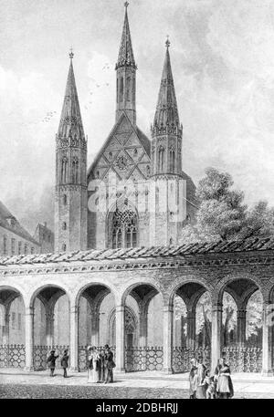 Questa incisione, realizzata intorno al 1840, mostra la Chiesa del Monastero Francescano nella Klosterstrasse di Berlino-Mitte. Foto Stock