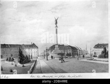 Il dipinto di Johann Heinrich Hintze della prima metà del XIX secolo mostra la Belle-Alliance-Platz di Berlino (oggi Mehringplatz) con la colonna della Vittoria al centro. Vista da Halleschen Tor, la Friedrichstrasse (al centro della foto) e la Lindenstrasse (a destra) conducono al centro di Berlino. Foto Stock