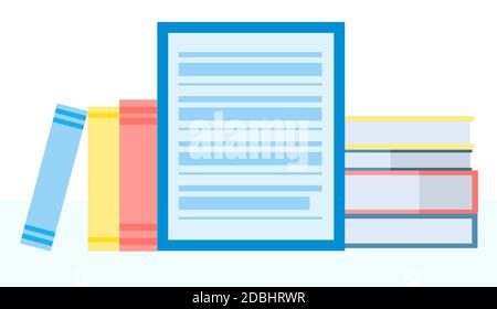 Biblioteca online, e-book, negozio di libri digitali, e-reading, apprendimento online, concetto di istruzione. Illustrazione vettoriale in design piatto. Illustrazione Vettoriale