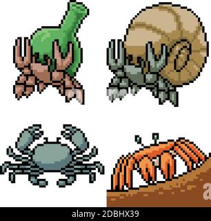 pixel art set granchio crostacei isolato Illustrazione Vettoriale