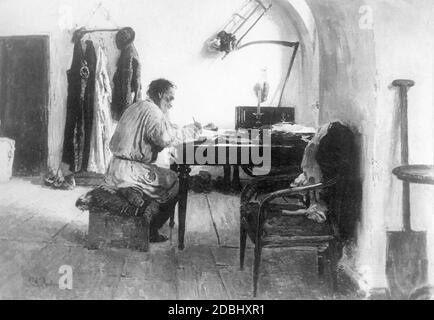 Il conte Leo Tolstoy su un dipinto del pittore di storia russo Repin: Tolstoy alla sua scrivania nella tenuta di Yasnaya Polyana. Foto Stock