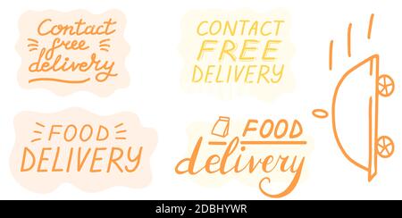 Contattare la consegna gratuita. Grande collezione. Set di scritte per la consegna sicura. Vector eps pennello Trendy adesivi arancioni con testo, citazione isolata su bianco Illustrazione Vettoriale