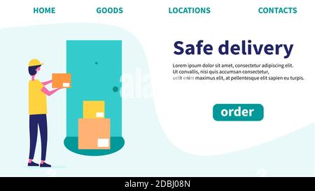 Consegna sicura. Modelli di progettazione di pagine Web. Rimani a casa. Acquisti online sul sito Web. Illustrazione Vettoriale