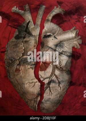 Tagliare carta illustrazione concettuale di un cuore rotto. Foto Stock