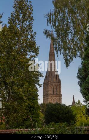 Vista della Cattedrale di Salisbury dal Town Path, Salisbury, Wiltshire, Inghilterra, Regno Unito, Europa Foto Stock