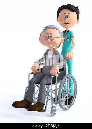 Rendering 3D di un giovane e sorridente medico di cartoni animati con uno stetoscopio in piedi con un anziano in sedia a rotelle. Sfondo bianco. Foto Stock